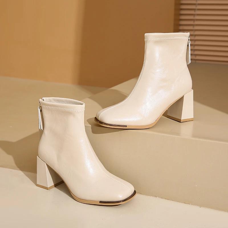 Damenschuhe im Angebot 2024 Modische Damenstiefel mit Reißverschluss, Winterstiefel mit spitzer Spitze, einfarbig, kurze Stiefel mit klobigem Absatz, Botas de Mujer