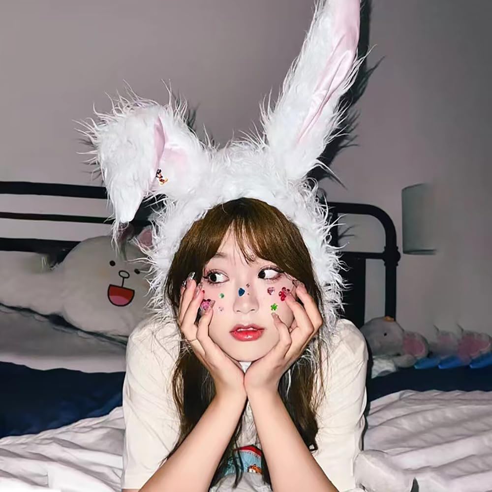 GOODCHI Rabbit Headgear, Animal Hat, Long-Haired Cap, Halloween Cosplay, Costume Accessory, Headband (White)