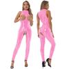 Dame Open Cups Catsuit glanset skinn, skrittløs bodysuit Mock Neck Ermeløs Skinny Jumpsuits Clubwear