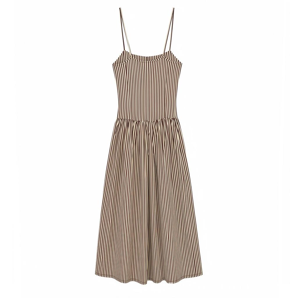 Women's New European and American Fashion Striped Poplin Splicing Suspender Dress