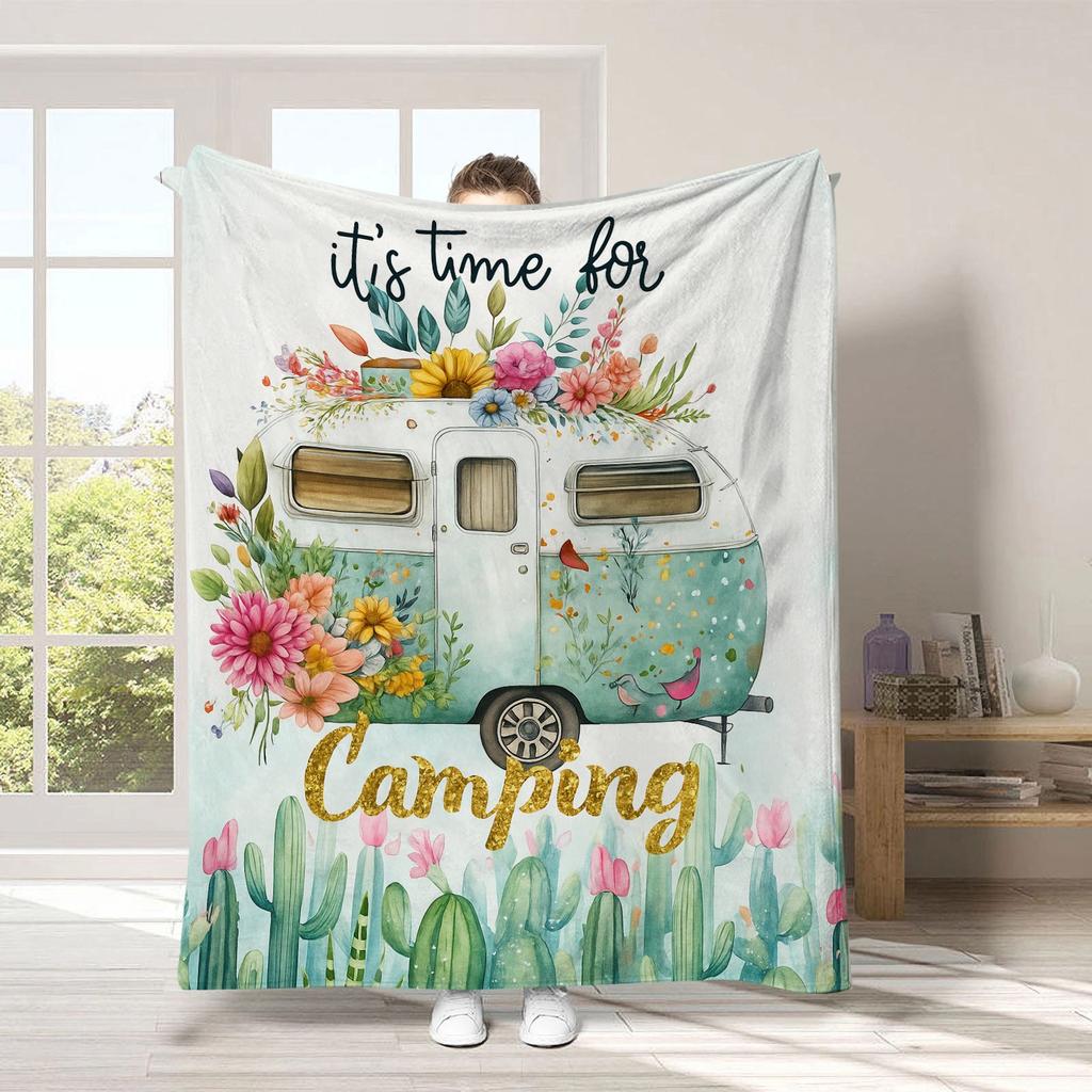 Flannel Throw Blanket Soft Cozy Naptime Blanket with Rustic Camping Print All-Season Throw for Outdoor Lovers – Sofa Decor Gift