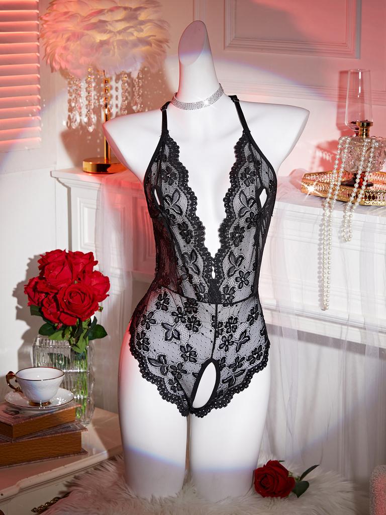 Big Bow Adult Sexy Lingerie Women Lace Hollow Erotic Bodysuit Teddy Babydoll Dress Open Bra Underwear Set Valentine's Day Gift