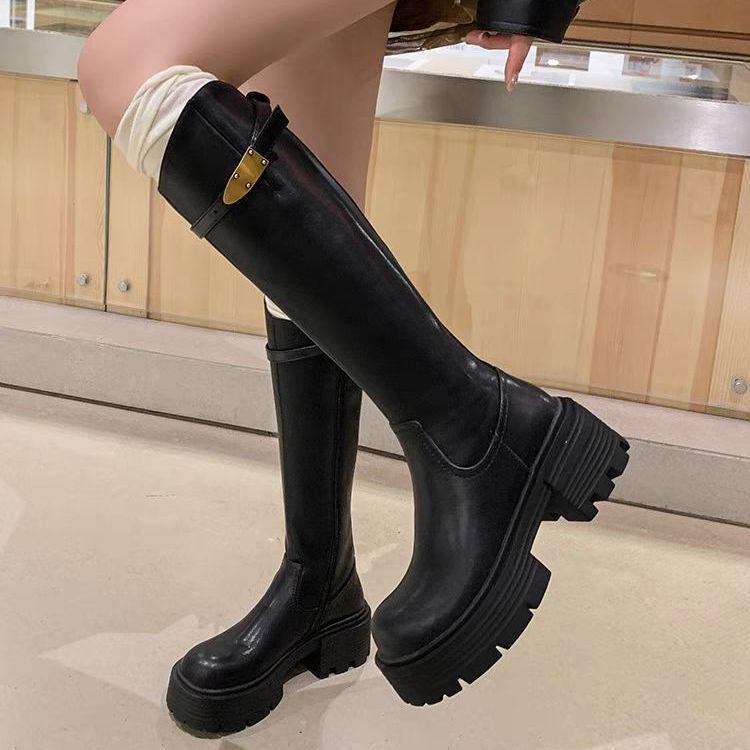 British Style Maillard Knight Boots Women's Tall Tube 2025 Autumn and Winter New Thick-soled Small Velvet Metal Boots