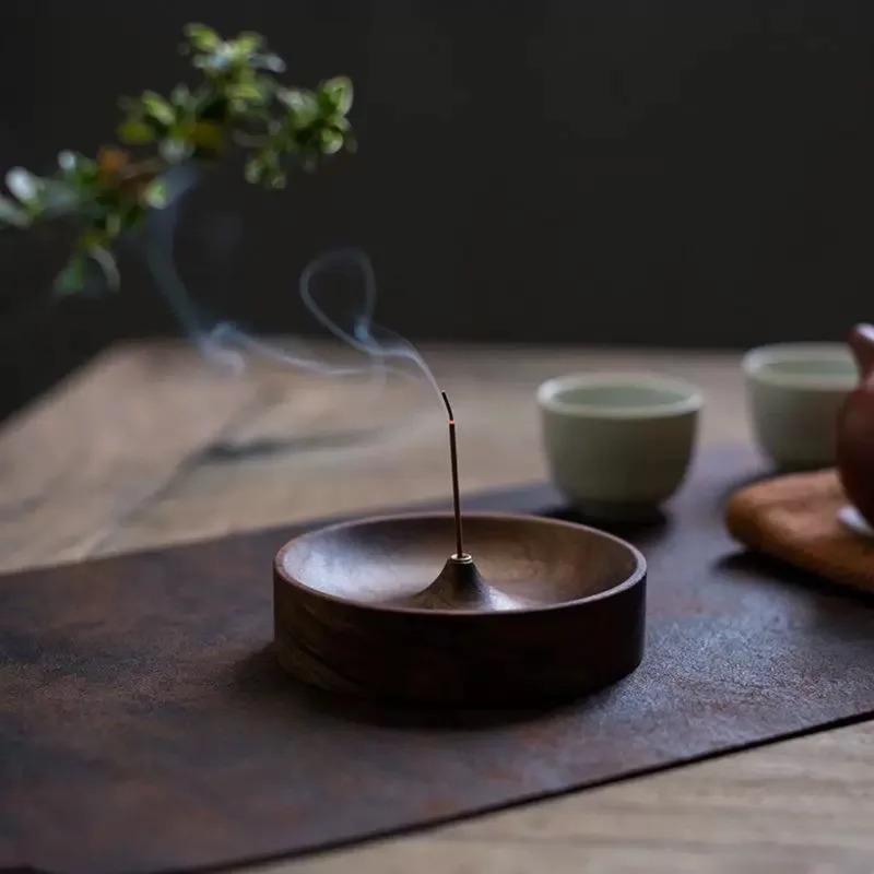 1pc Incense Burner Base Black Walnut Solid Wood Incense Stick Handmade Tea Ceremony Round Incense Burner Agarwood Tray Holder