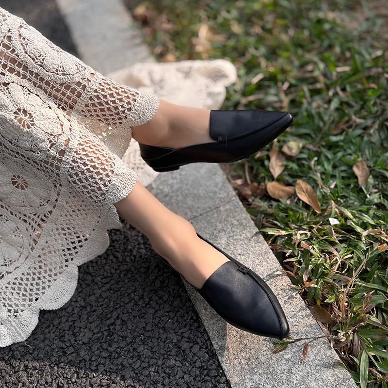 Johnature Retro Women Genuine Leather Pointed Toe Flats Shoes Handmade Shallow Soft Sole Solid Color Slip-on Shoes