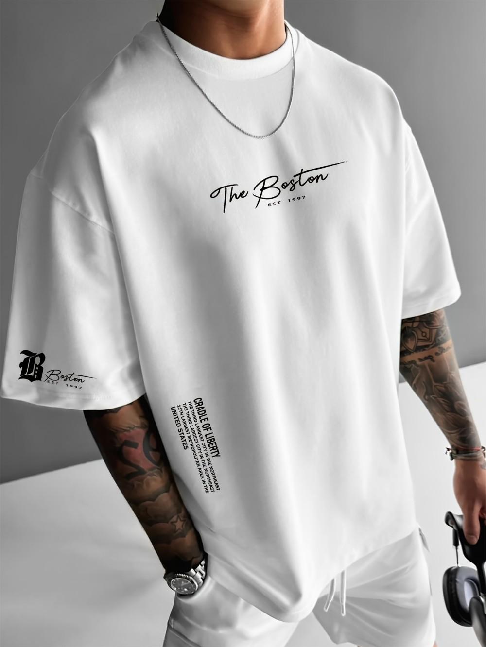 

New men s polyester fabric casual comfortable breathable round neck T-shirt with letter pattern suitable for outdoor sports S