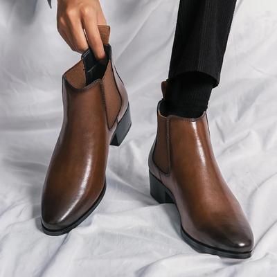 Marca de luxo Sapatos de couro de salto baixo e cano alto, botas masculinas Chelsea estilo britânico, botas de negócios com zíper lateral pontudo, botas de casamento ao ar livre