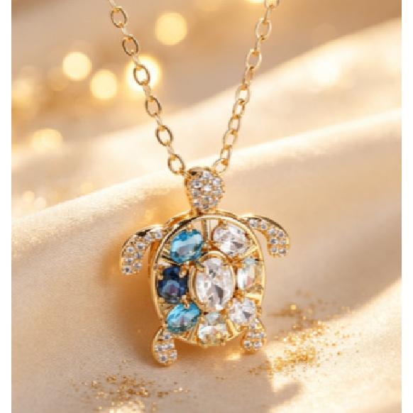 Luxurious and unique gold-colored diamond turtle necklace Ocean Wind Blue and White Zircon Turtle Pendant