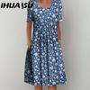 IHUASU 30 Color Pleated Midi Dress Short Sleeve Round Neck Loose Hem Mid-Calf Length Women Floral A-Line Party Dress Casual Wear