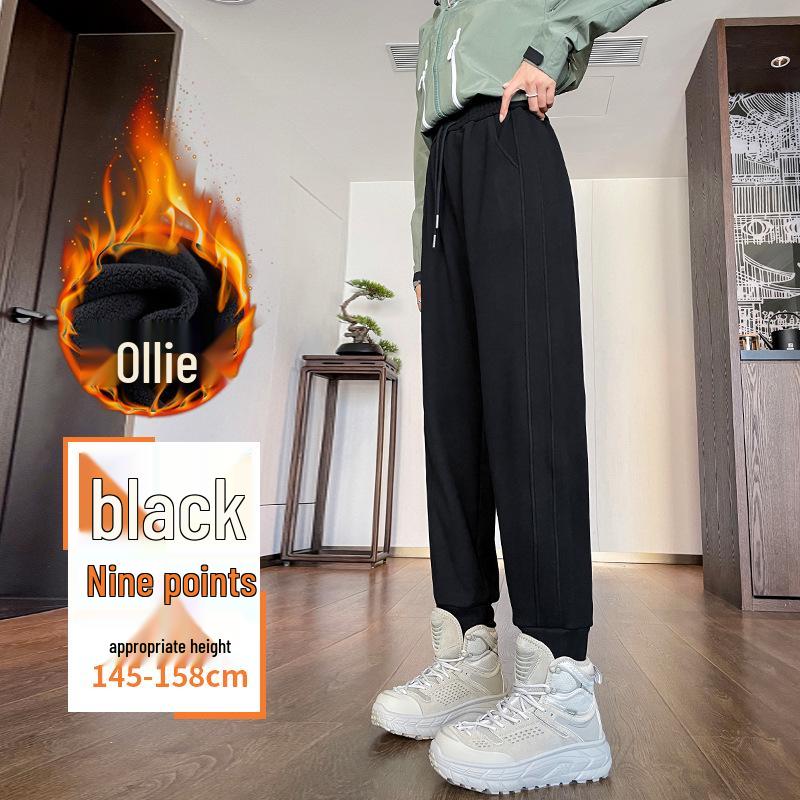 Women's Dark Blue Fleece-Lined Windproof Harem Sweatpants - Loose, Cuffed, Thick, and Warm for Autumn and Winter