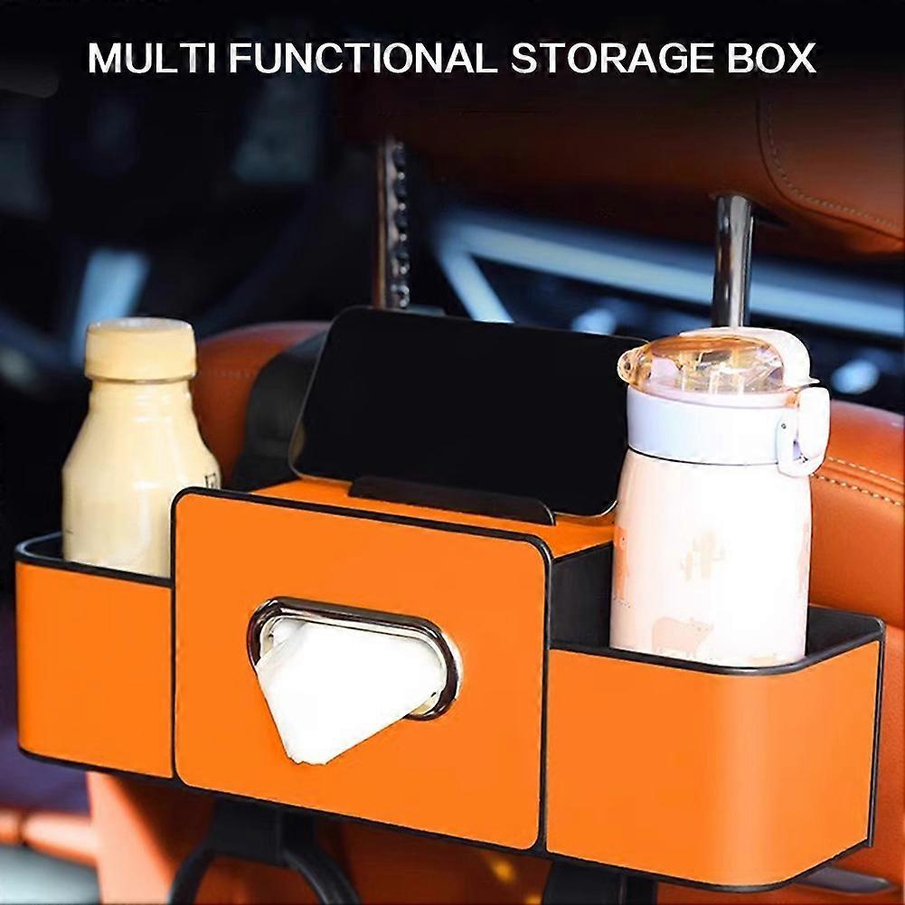 Leather Car Backseat Organiser with Cup Holder Tissue Box Seats Back Hook Hanger Bottle Holder Napkin Storage Bag Universal Fit for Vehicle Headrests