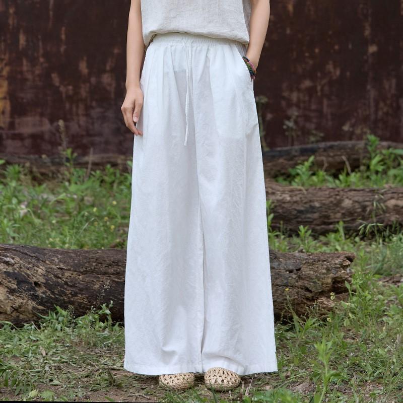 Johnature Women Vintage Thin Straight Pants Elastic Waist Solid Color Summer Trousers Loose Casual Long Pants
