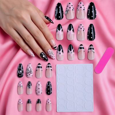 1 Juego de Uñas Postizas de Almendra Rayas de Estrella Puntos Lazo Pedrería Punta Francesa Uñas Postizas Adhesivas Calidad de Salón Encanto 3D Mujeres Uñas Postizas Adhesivas