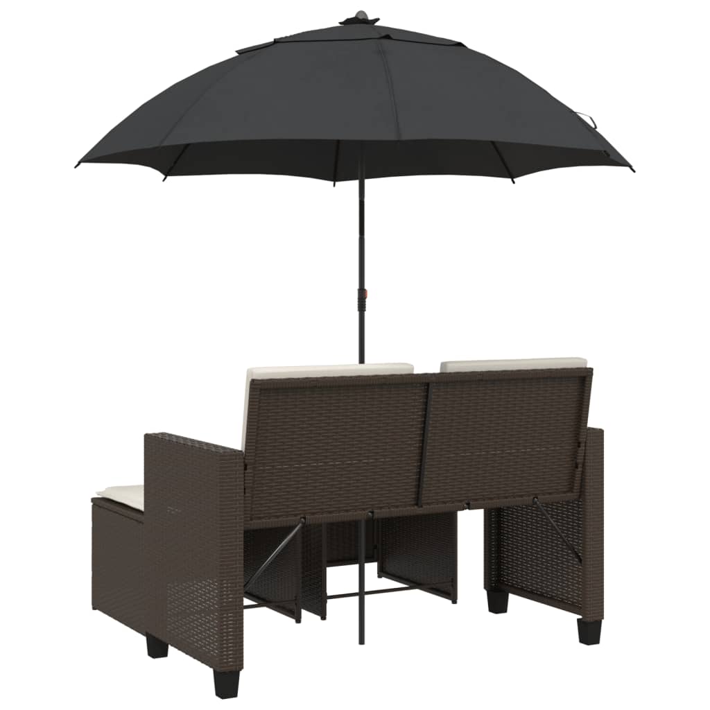 Garden Sofa 2 Seater with Sun Umbrella and Footstools Brown Poly Rattan