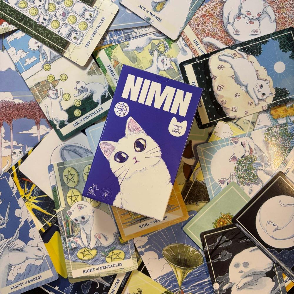 NIMN White Cat Tarot for Cat Lovers, Cute 78-Card Tarot Deck, 10.3*6cm Whimsical Watercolor Feline Kawaii Tarot