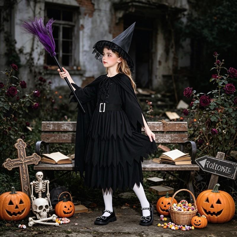Halloween Witch Costume Girls Dark Gothic Dress With Cape Belt Hat Socks Broom Kids Cosplay Outfit