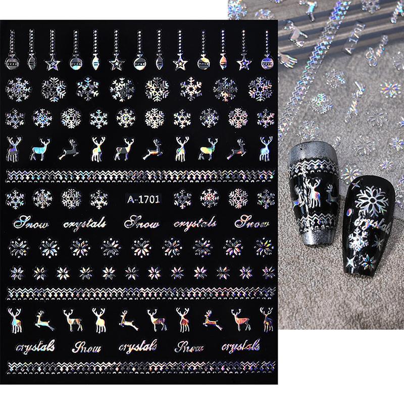 1Sheet Christmas Decorations 2026 New Year Nail Stickers Press On Nails Laser Snowflake Snowman Christmas Tree 3D Nail Decal
