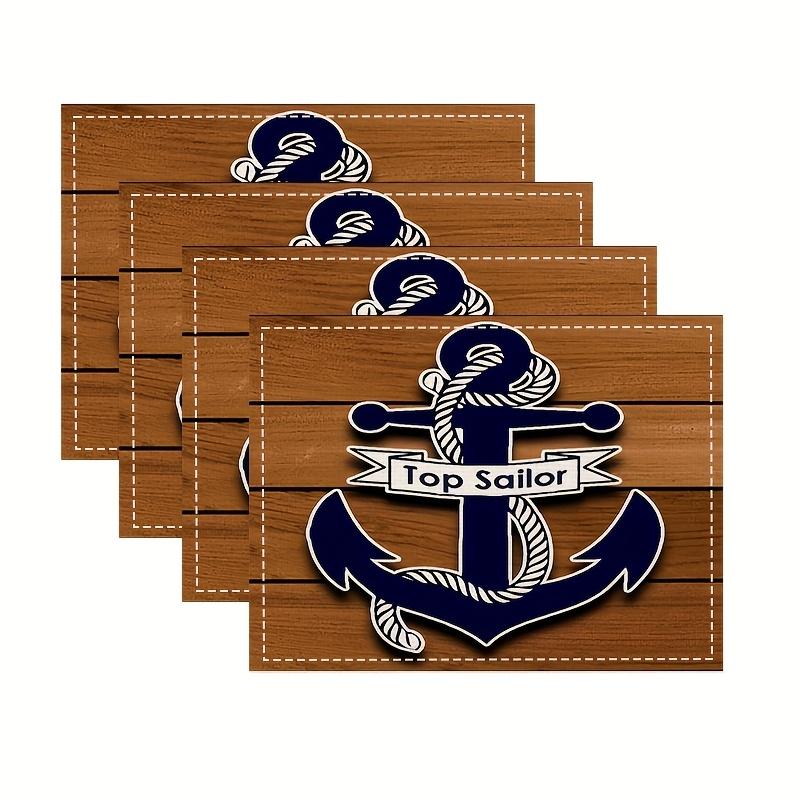 4 Stück, Maritime Platzsets mit Anker-Muster und Holzmaserungsstreifen-Design, 12x18 Zoll Isolierte Tischsets für Zuhause und Feiertagsveranstaltungen 4PCS brown