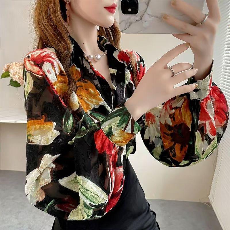 Retro Women's Printed Shirt Slim-fit Lantern Sleeve Floral Shirt Collared Chiffon Shirt Spring