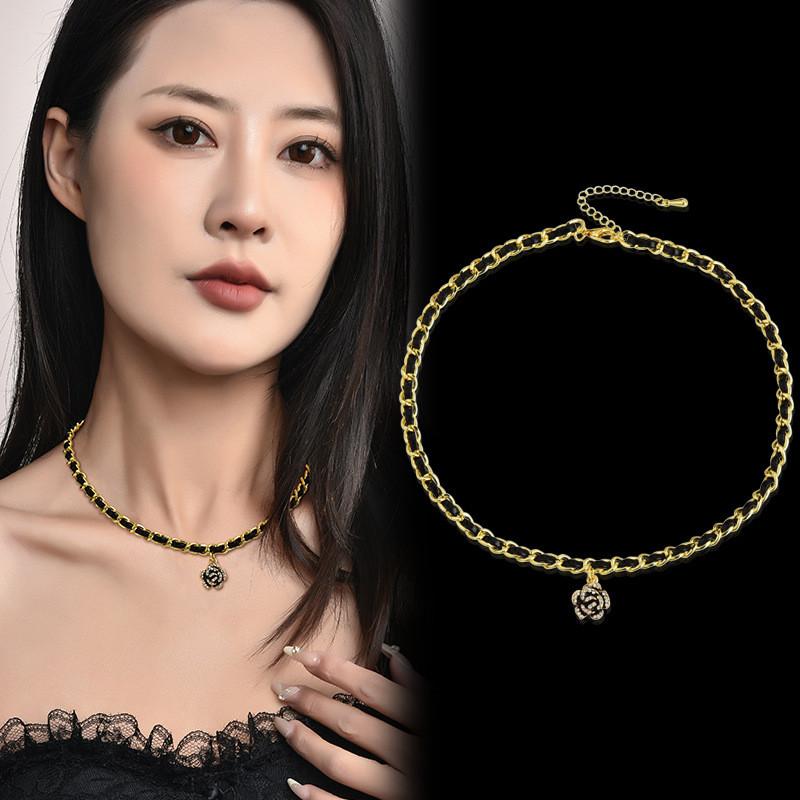 Elegant Rose Flower Leather Wrapped Necklace For Women With Premium Metal Finish