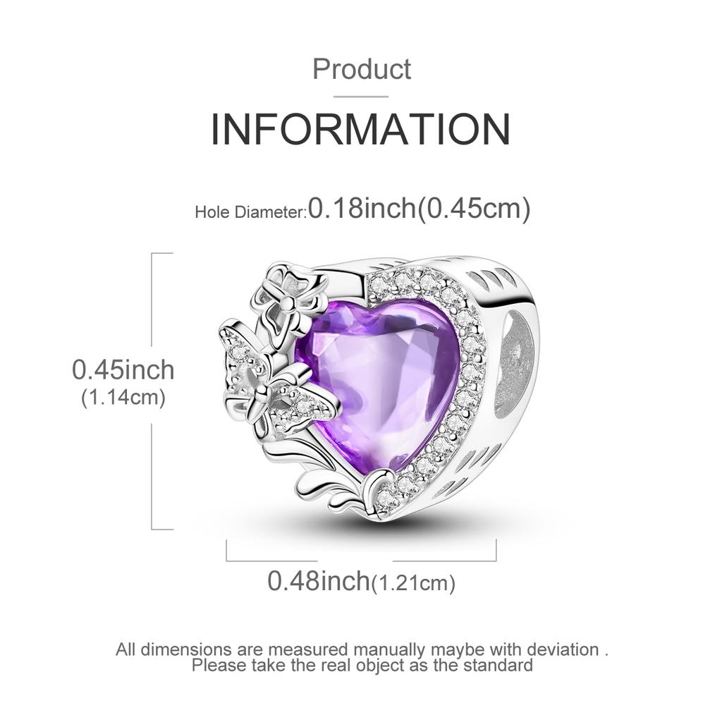 Copper Butterfly Love Heart Purple Zircon Pendants Bracelet Charms Jewelry Party Beads Diy Trendy Gifts