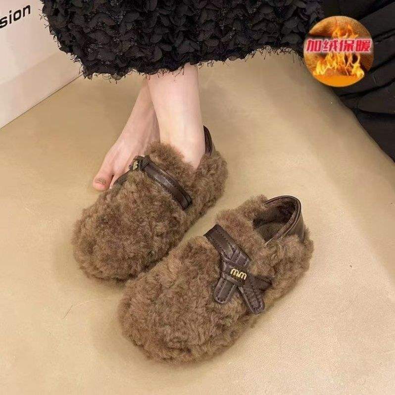 Autumn and winter thick-soled heightening fluffy shoes for women's outer wear 2025 new velvet Doudou shoes trendy versatile one-pedal cotton shoes