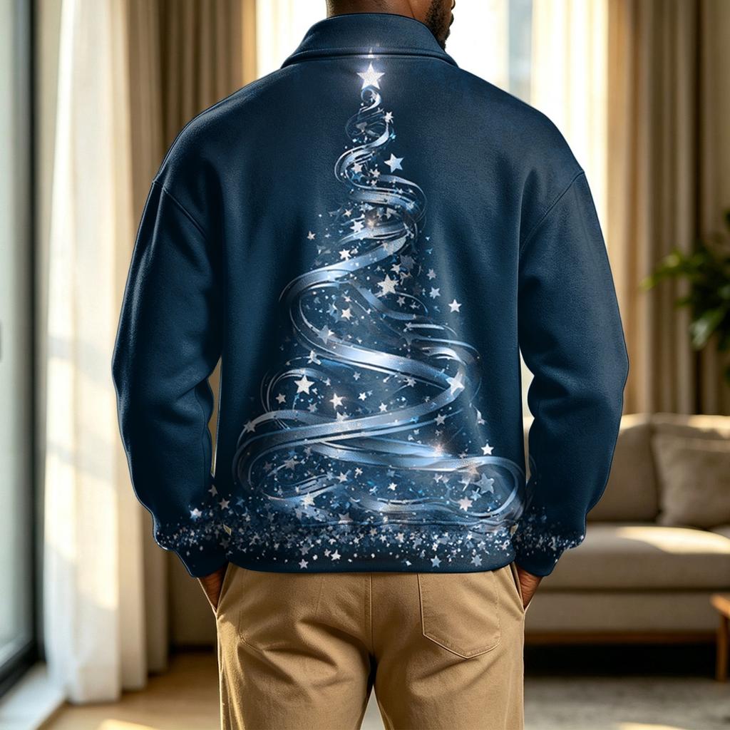 Men's Casual Christmas Print Quarter-Zip Sweatshirt with Collar