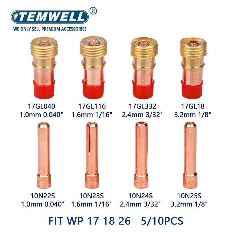 5Pcs 1.0/1.6/2.4/3.2mm TIG Gas Lens Collet Body 17GL040 17GL116 17GL332 17GL18 For TIG WP17 18 26 Welding Torch Accessories