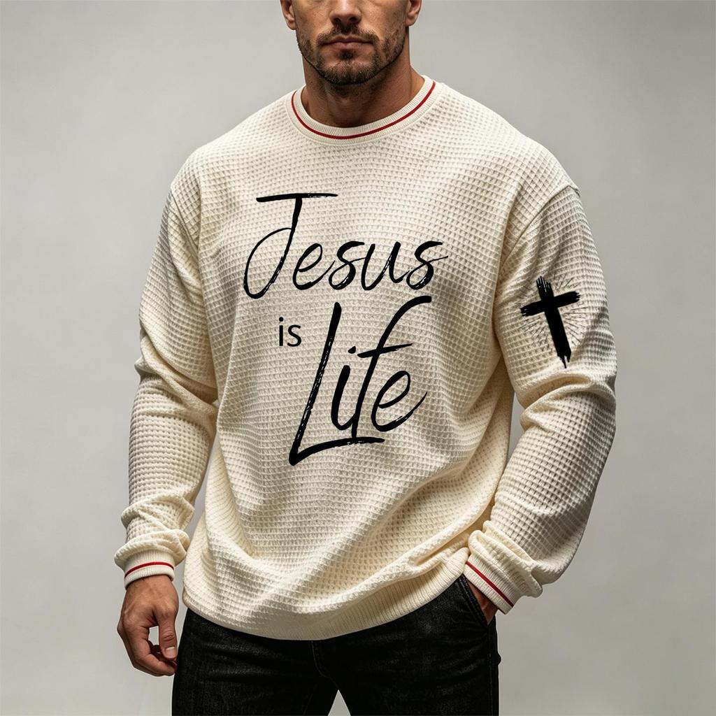 Men's Casual Graphic Knit Crewneck Long Sleeve Shirt for Everyday Wear