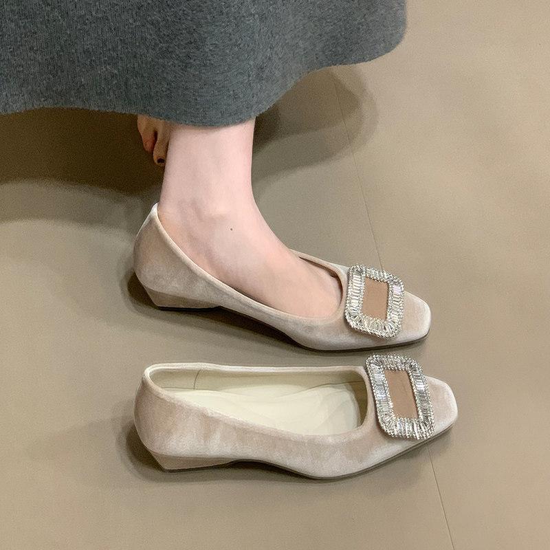French square buckle rhinestone wedge heels 22 spring and autumn new commuter velvet square head high heels