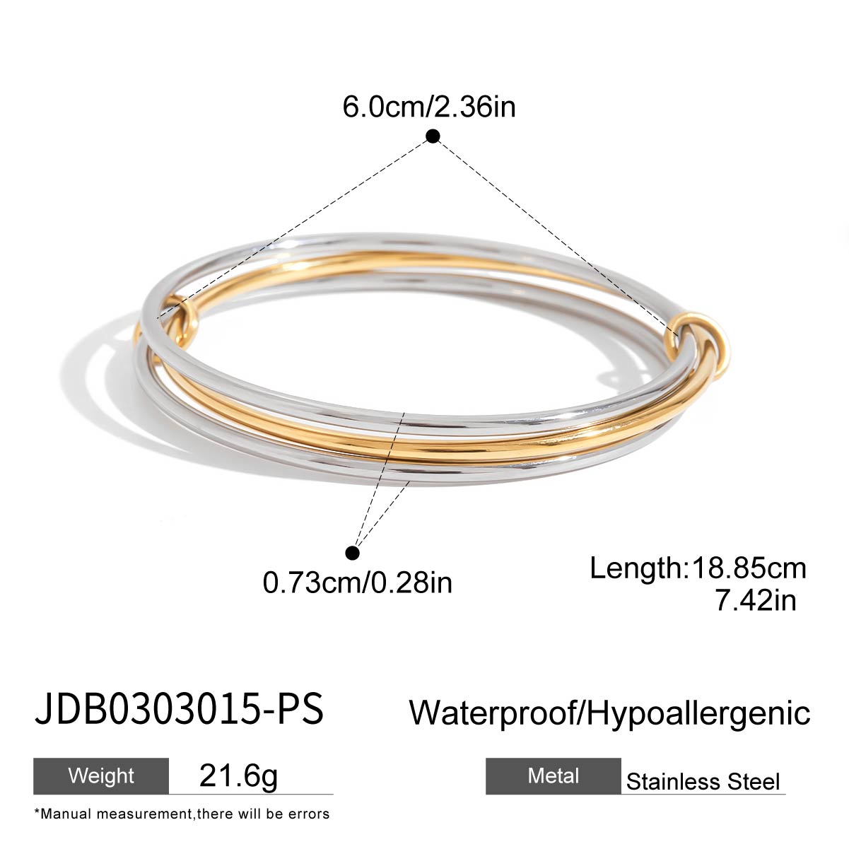 

Youthway 60Mm Two Color Metal Multi Layer Bracelet Bangle Stainless Steels Women Jewelry Minimalist Geometry Large Bracelet 58-60mm