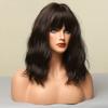 ALAN EATON Medium Water Wave Synthetic Wigs with Bangs Natural Dark Brown Bob Daily Hair Wigs for Women Heat Resistant Fiber