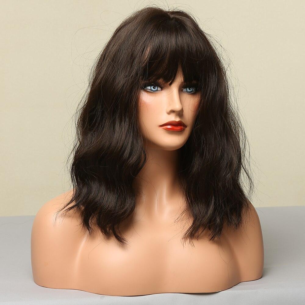 ALAN EATON Medium Water Wave Synthetic Wigs with Bangs Natural Dark Brown Bob Daily Hair Wigs for Women Heat Resistant Fiber