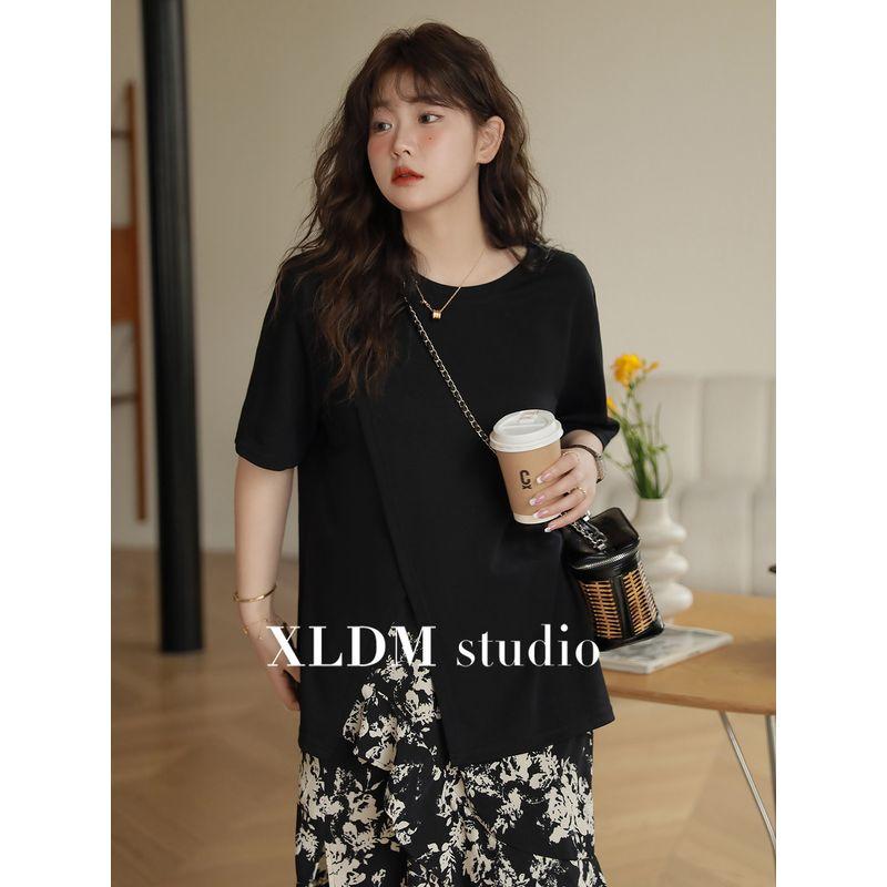 

Shoulder Height Plus Size Ladies Loose Split Thin Short Sleeved T-shirt Lazy Black (Pre-Sale) 2XL