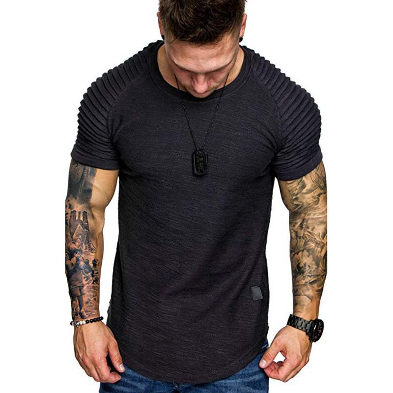 European & American Men's Slim Fit Crew Neck Pleated T-Shirt - Solid Color, Casual Short Sleeve