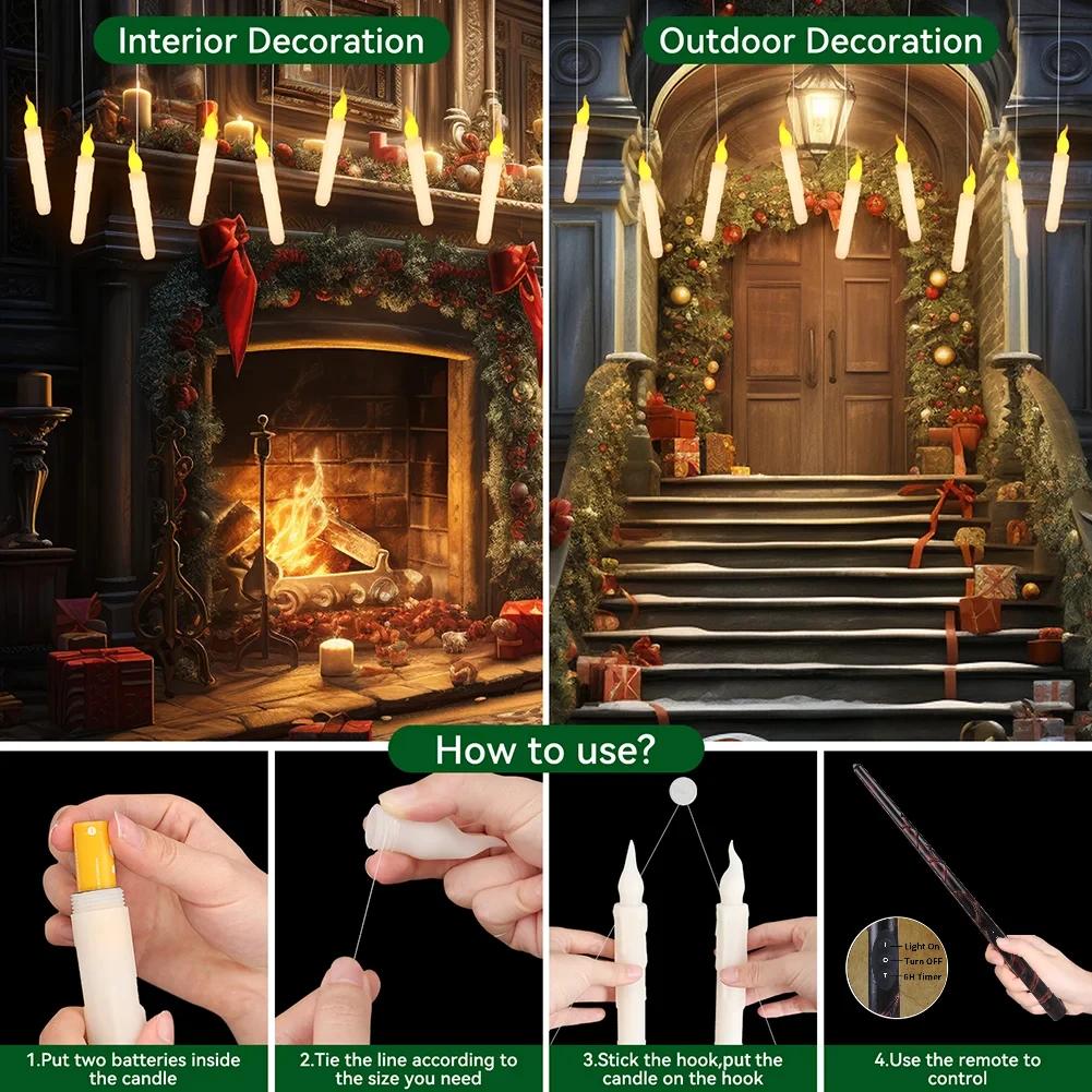 12pc Set LED Flameless Floating Candle with Wand Remote Timer Battery Powered Flickering Christmas Candles for Home Window Decor