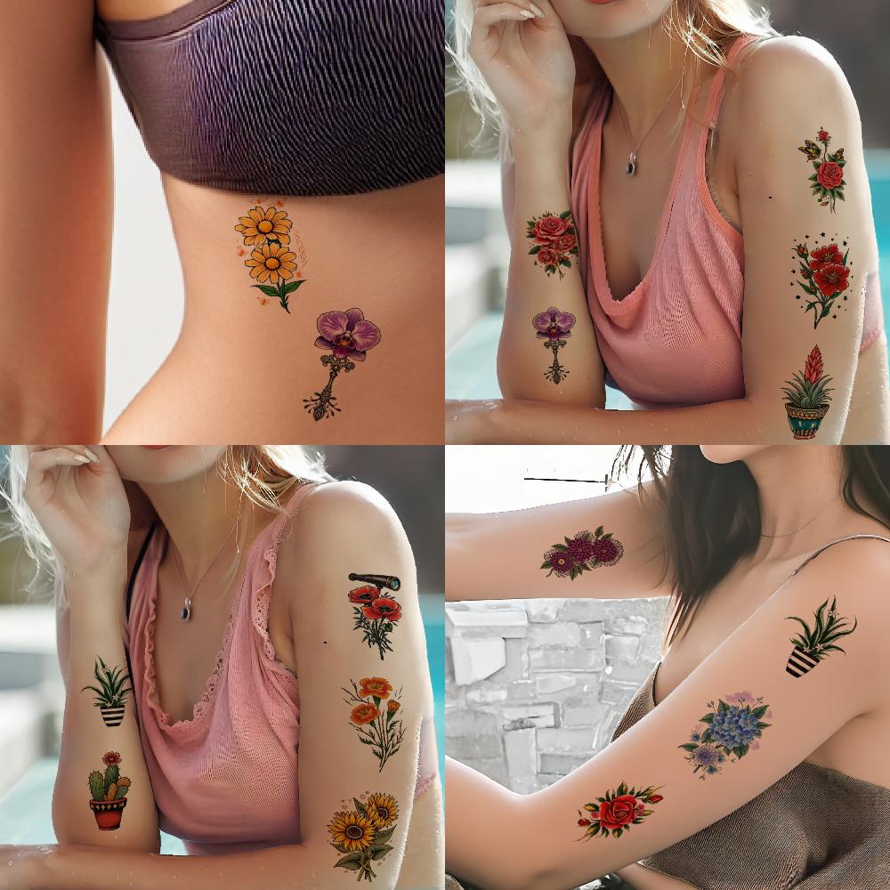 28 peças de Tatuagem Temporária New School Tradicional Cacto em Vaso Rosa Azul Orquídeas Roxas Para Braços Ombros de Mulheres