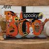 Decorative Halloween Word Signs Wooden Tabletop Ornaments, Freestanding Solid Wood Letter Signs, Table Centerpiece Pumpkin Castle Ghost Decor with And