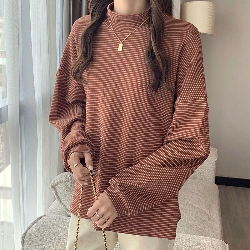 Autumn Winter Half High Collar Fashion Bottoming T-shirt Female Clothing Solid Color Korean Long Sleeves Loose Affordable Tops