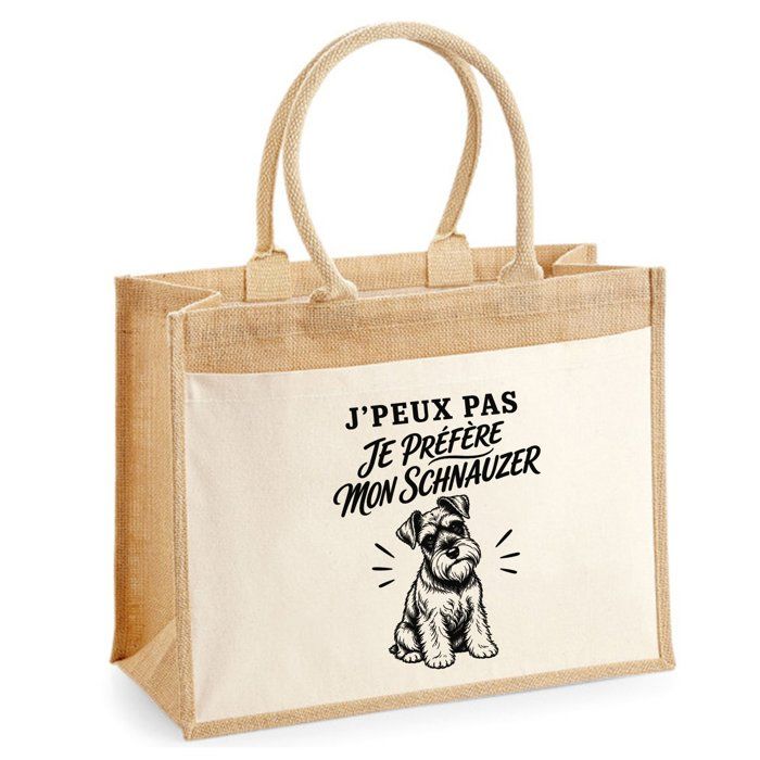 Sac Cabas - PLANETEE - J’peux pas je préfère mon Schnauzer - Toile de jute et coton - 21 L - Illustration noire