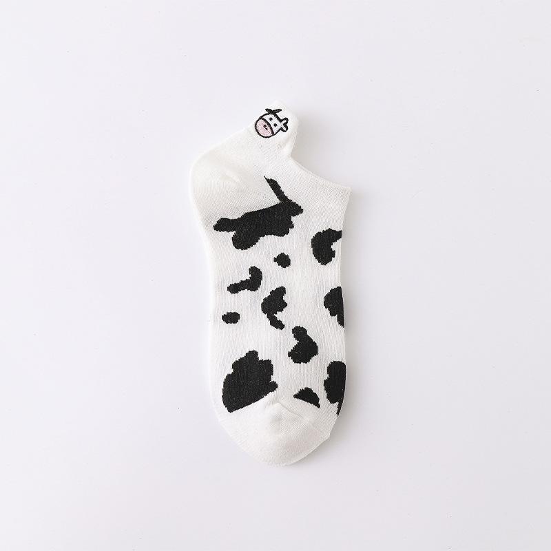Ladies Spring and Summer Embroidered Striped Cartoon Black and White Cow Sweet Cute Short Tube Socks