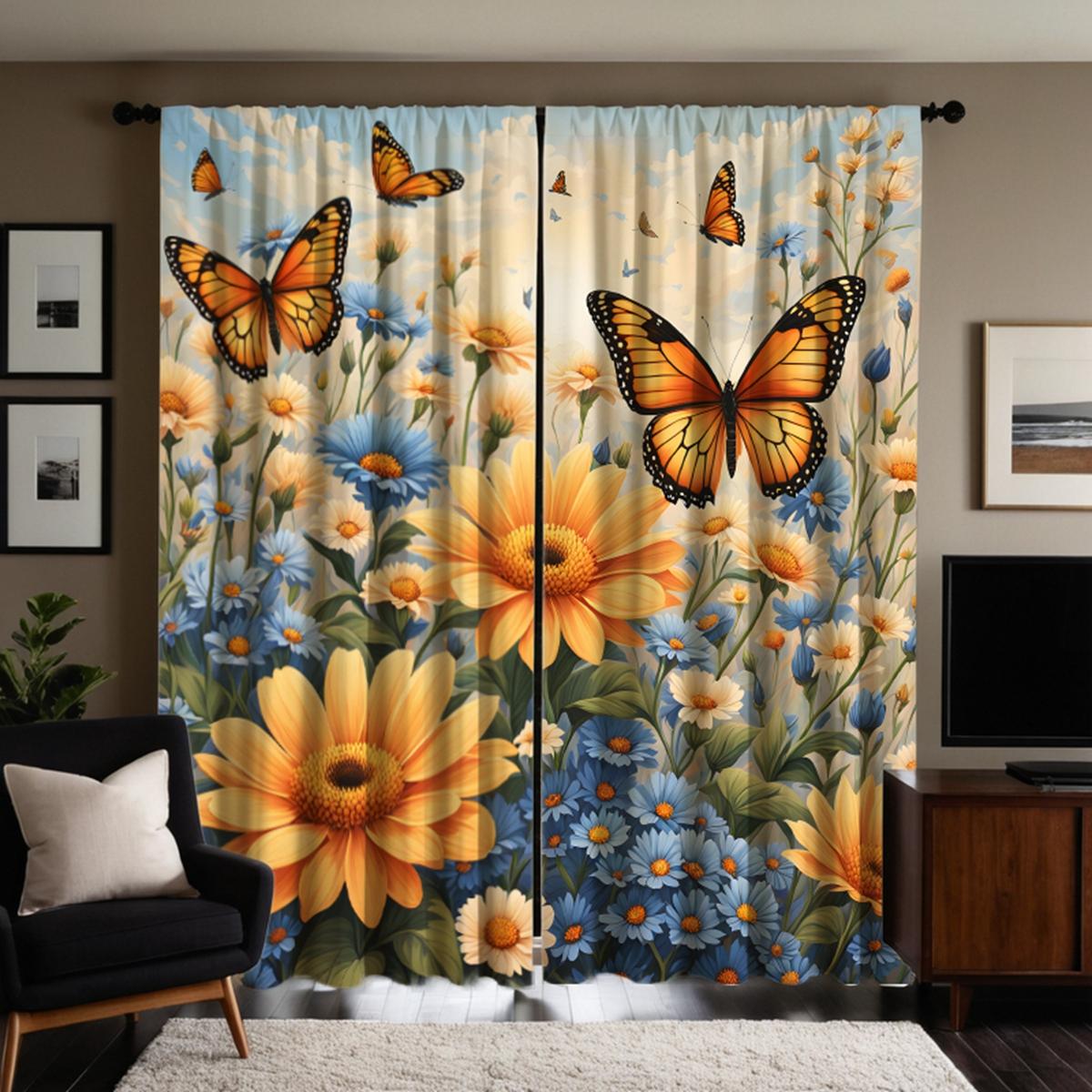 

2 шт. HD садовые ромашки бабочки декоративные занавески Желтые галстуки цифровая печать занавески Домашний декор стиль Декоративная гостиная W52H63inchW132H160cm