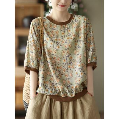 Damen Sommer Kurzarm Oberteile Blütenblatt Retro Bedruckter Pullover Kurzarm Locker Lässig Kurzarm