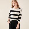 TUHUANG Women's Thickened Pure Wool Striped Color Block Round Neck Sweater