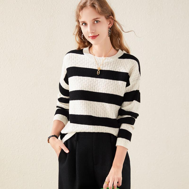 TUHUANG Women's Thickened Pure Wool Striped Color Block Round Neck Sweater