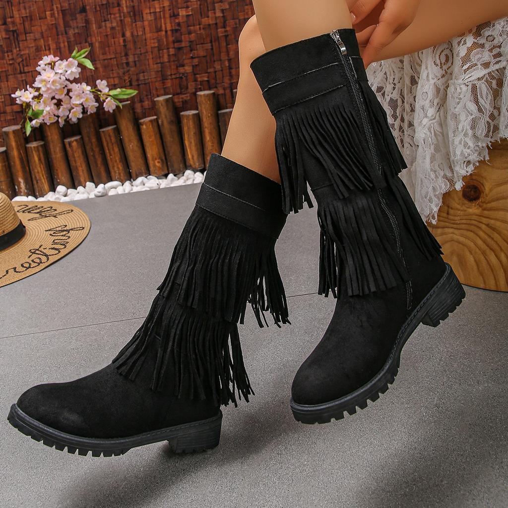 Dámské semišové boty s dvojitým třásněm, kotníkové boty na robustním středním podpatku se zipem na boku a kulatou špičkou, široké lýtko, nadměrné velikosti, dlouhé boty na podzim/zimu