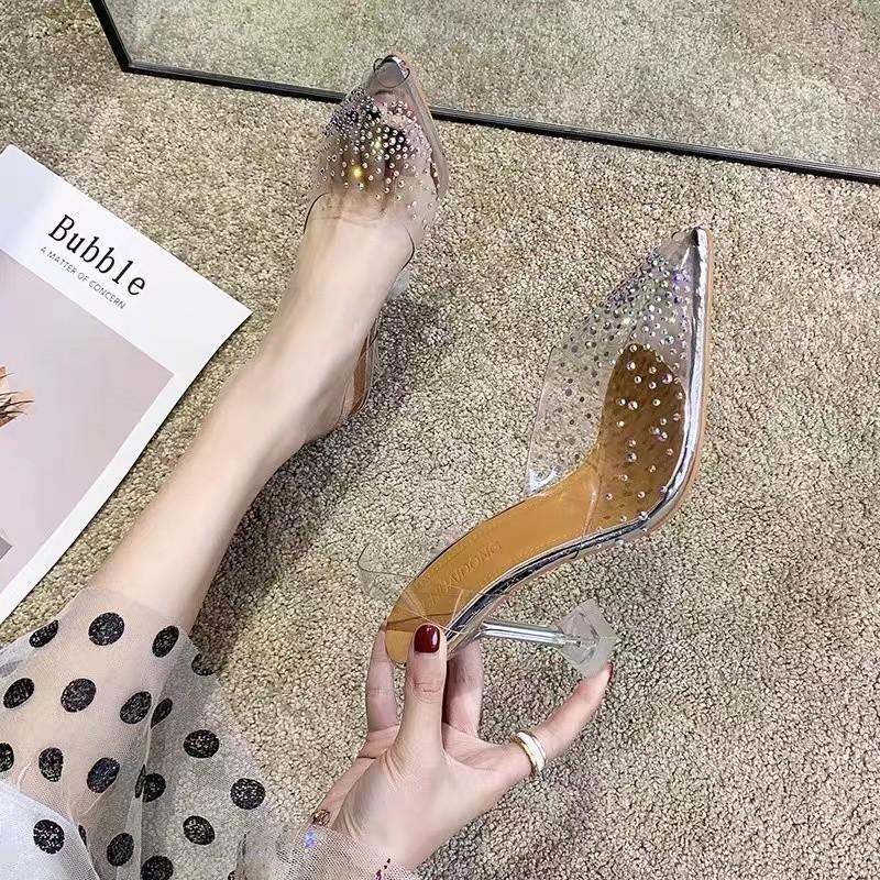 French Pointed Stiletto Heels Rhinestone Hollow Back Half Heel Sandals Heels Sandals