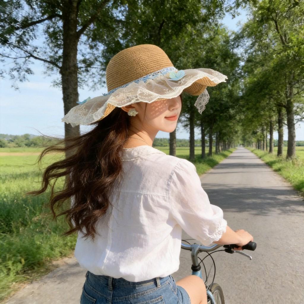 Summer Women Blue Lace Butterfly Bow Sun Hat With Wide Brim For Beach And Vacation
