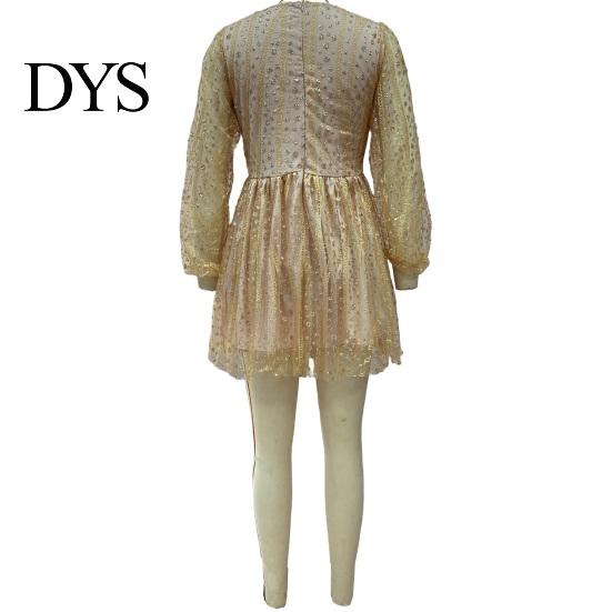 Evening Wear Short Dress Deep V Neck Sequin See-through Mesh A-line Mini Women Long Lantern Sleeves Prom Cocktail Party Sparkling Bead Embellished