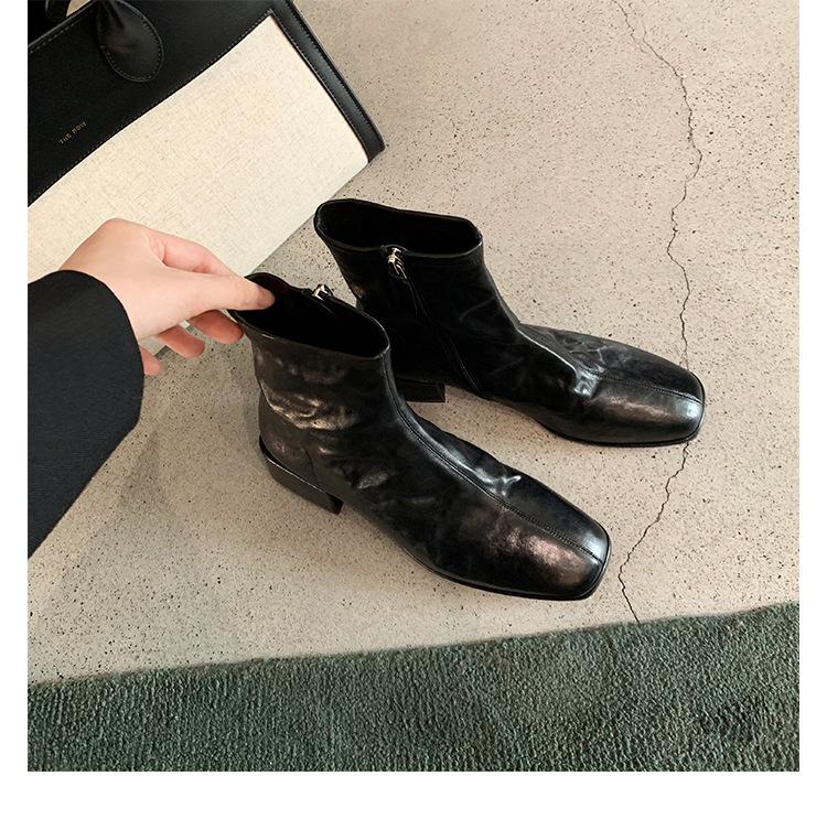 

New spot cowhide version grape mother autumn and winter square head washed horse skin thin short boots women s thick heel velvet Martin boots 40